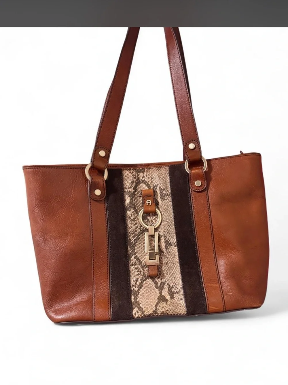 Vintage Y2K Etienne Aigner Cognac Brown Leather Messenger Bag with snakeskin